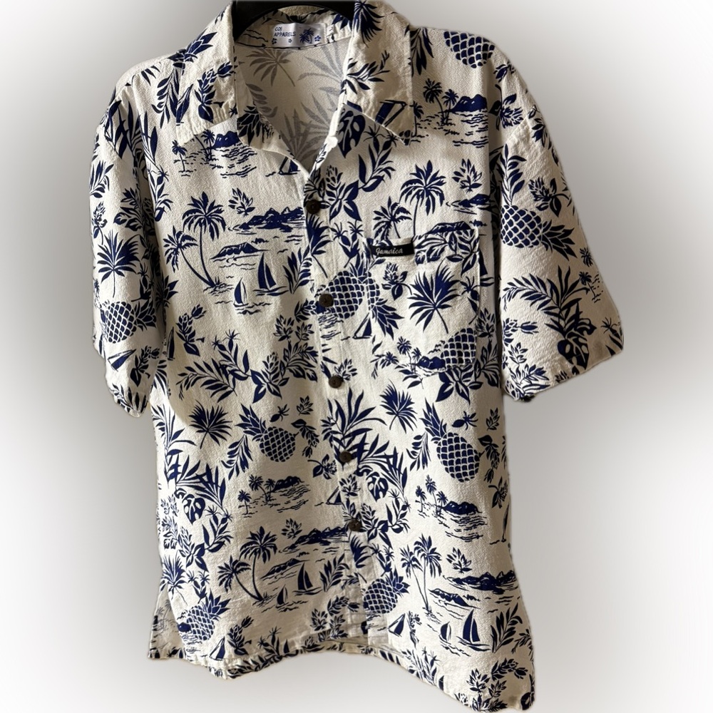 Fresh from Jamaica Mon! Men's Blue and White Hawaiian Shirt, Lg.